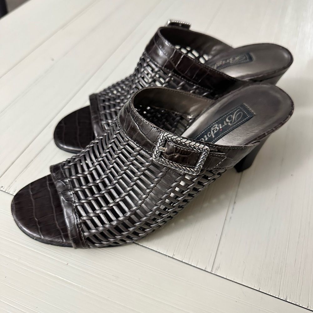 Brighton Pewter Silver Woven Reed Slides with Buckle Open Toe High Heels 7.5